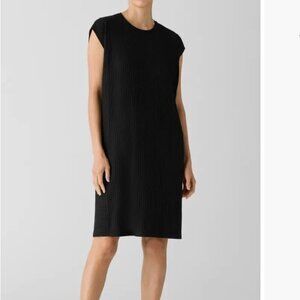 Eileen Fisher Textured Stretch Rib Crew Neck Black Tunic Dress Size Small